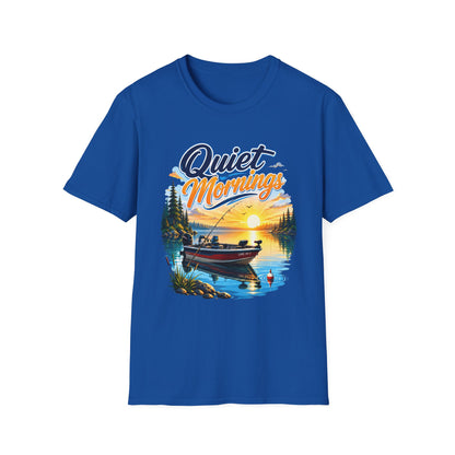 Quiet Mornings fishing t-shirt flat lay front view