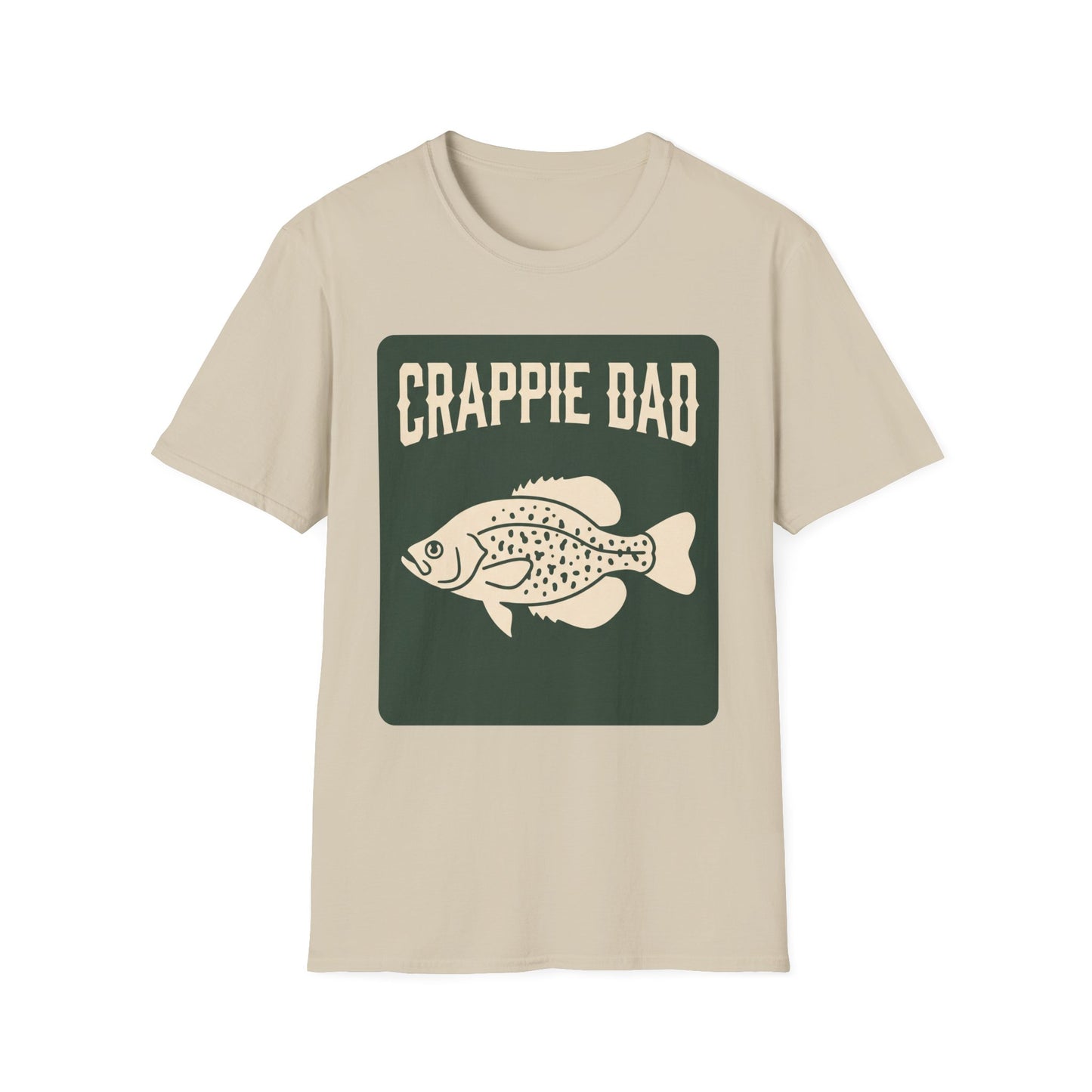 Crappie Dad Tee crappie fish and bobber chest print close-up