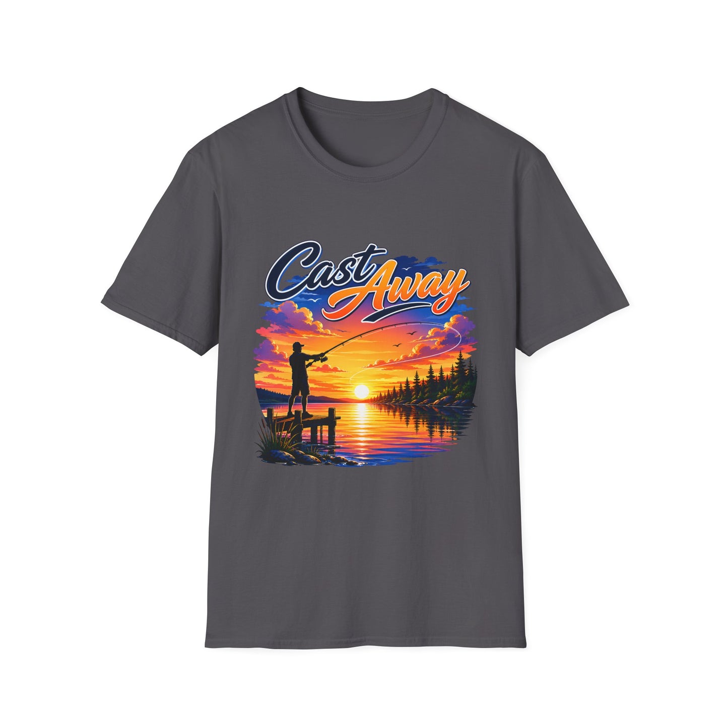 Cast Away fishing t-shirt side view on model