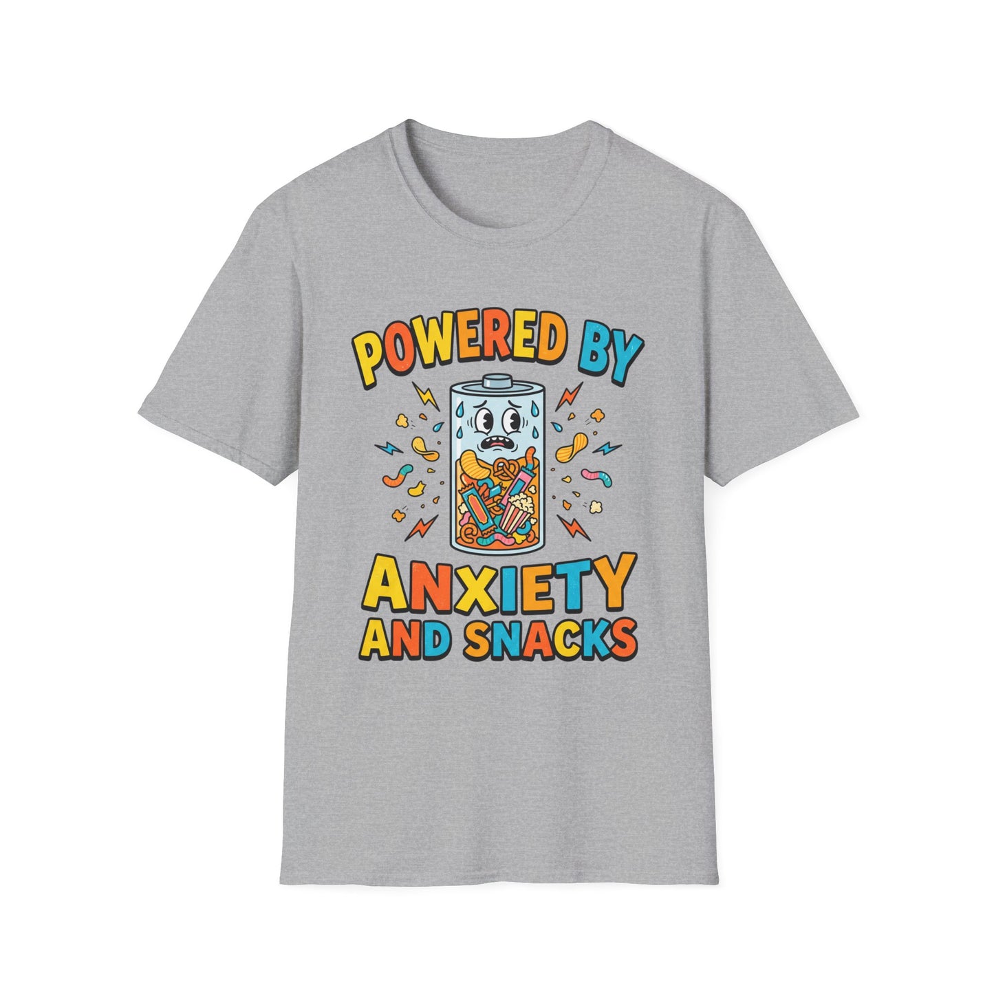 T‑Shirt — "Powered by Anxiety and Snacks" Funny Anxiety Snack Cartoon Tee
