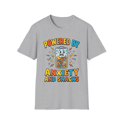 T‑Shirt — "Powered by Anxiety and Snacks" Funny Anxiety Snack Cartoon Tee
