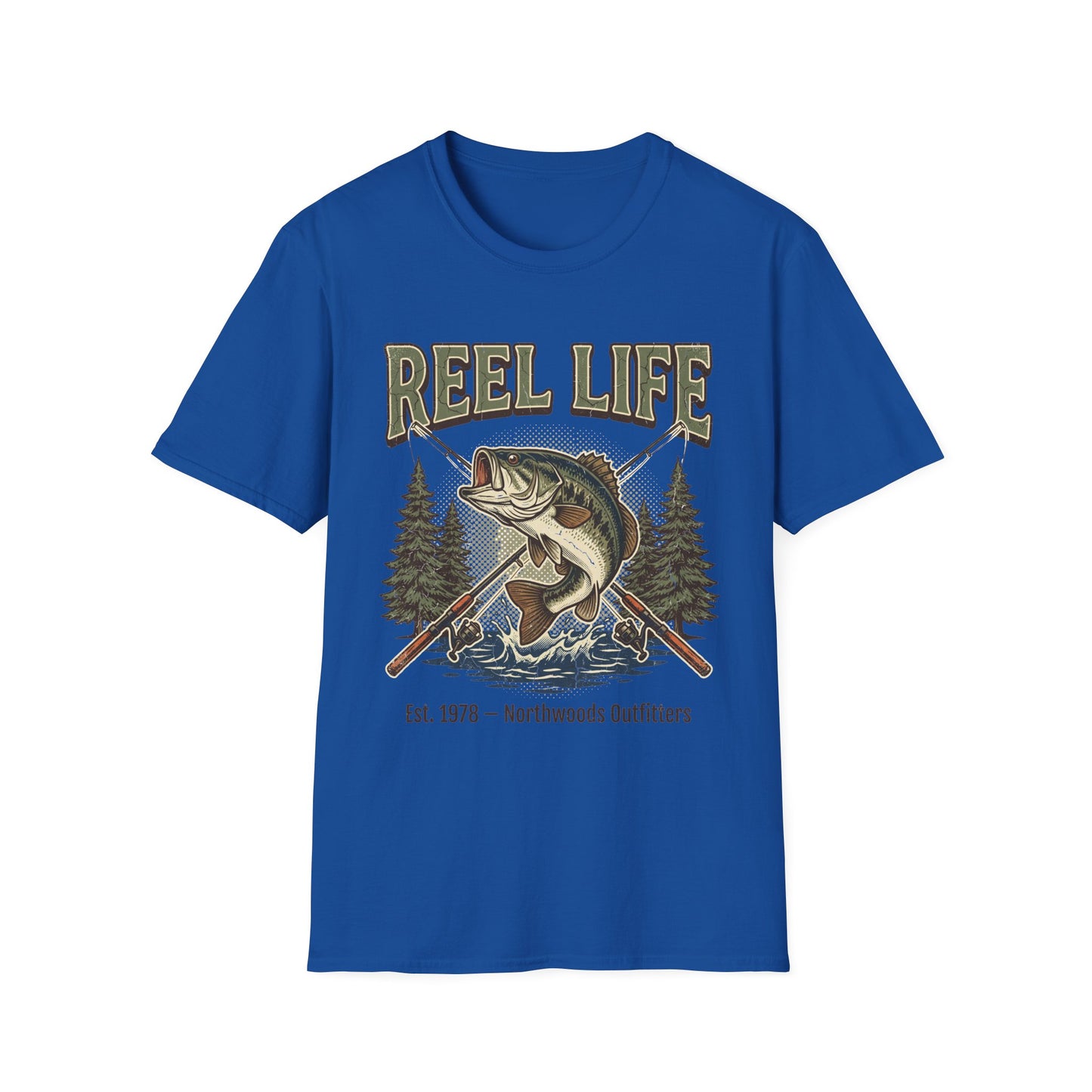 Blue t-shirt with 'Reel Life' graphic design featuring a fish and fishing rod on a white background.