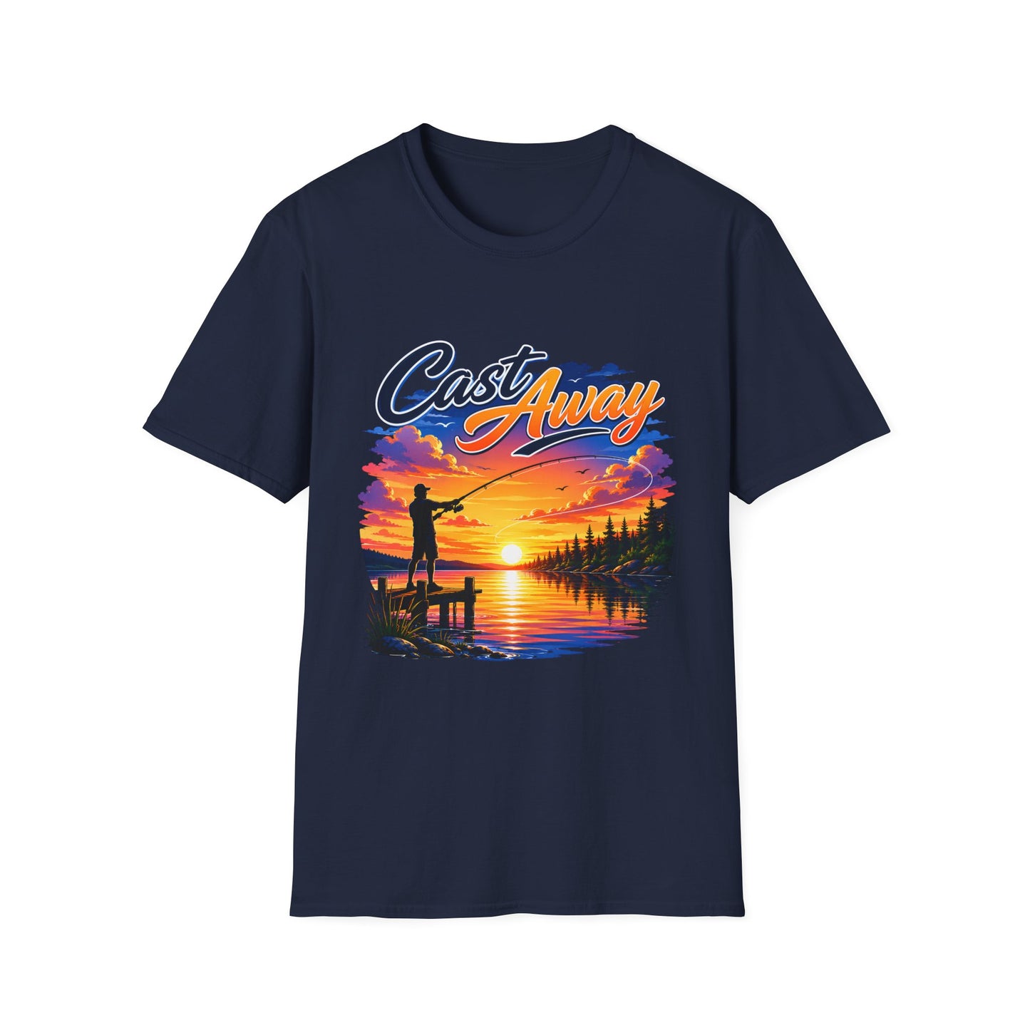 Cast Away fishing t-shirt flat lay back view
