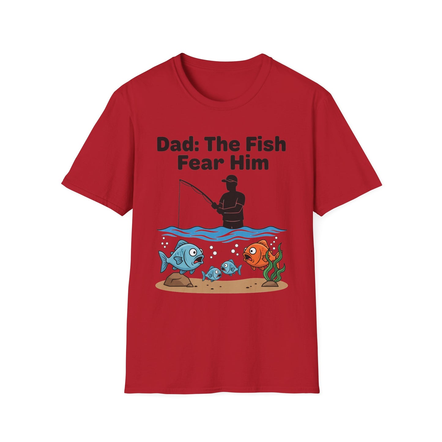 Dad: The Fish Fear Him Tee size chart for fishing fathers day gift
