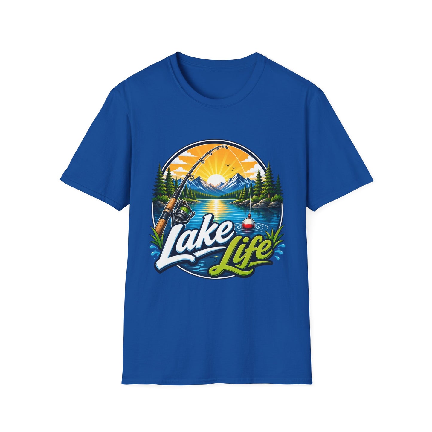 Lake Life fishing t-shirt flat lay front view