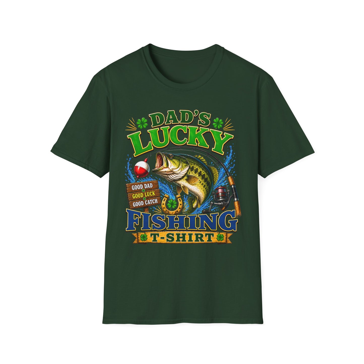 Dad's Lucky Fishing Tee packaging and folded shirt
