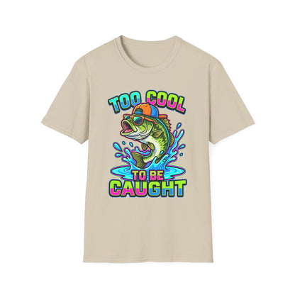 Too Cool To Be Caught Tee bass fishing chest print close-up