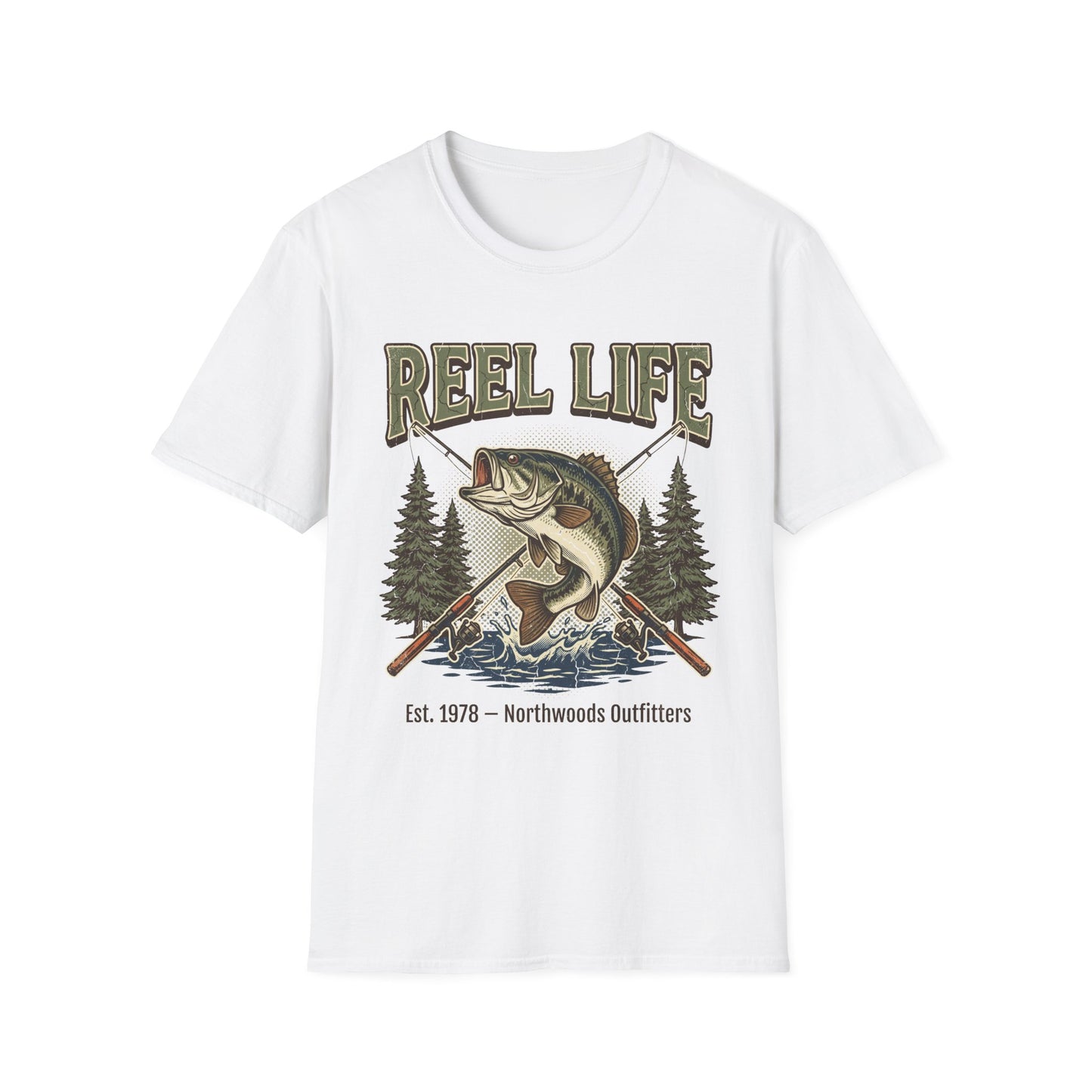 White t-shirt with 'Reel Life' graphic design featuring a fish and trees on a white background