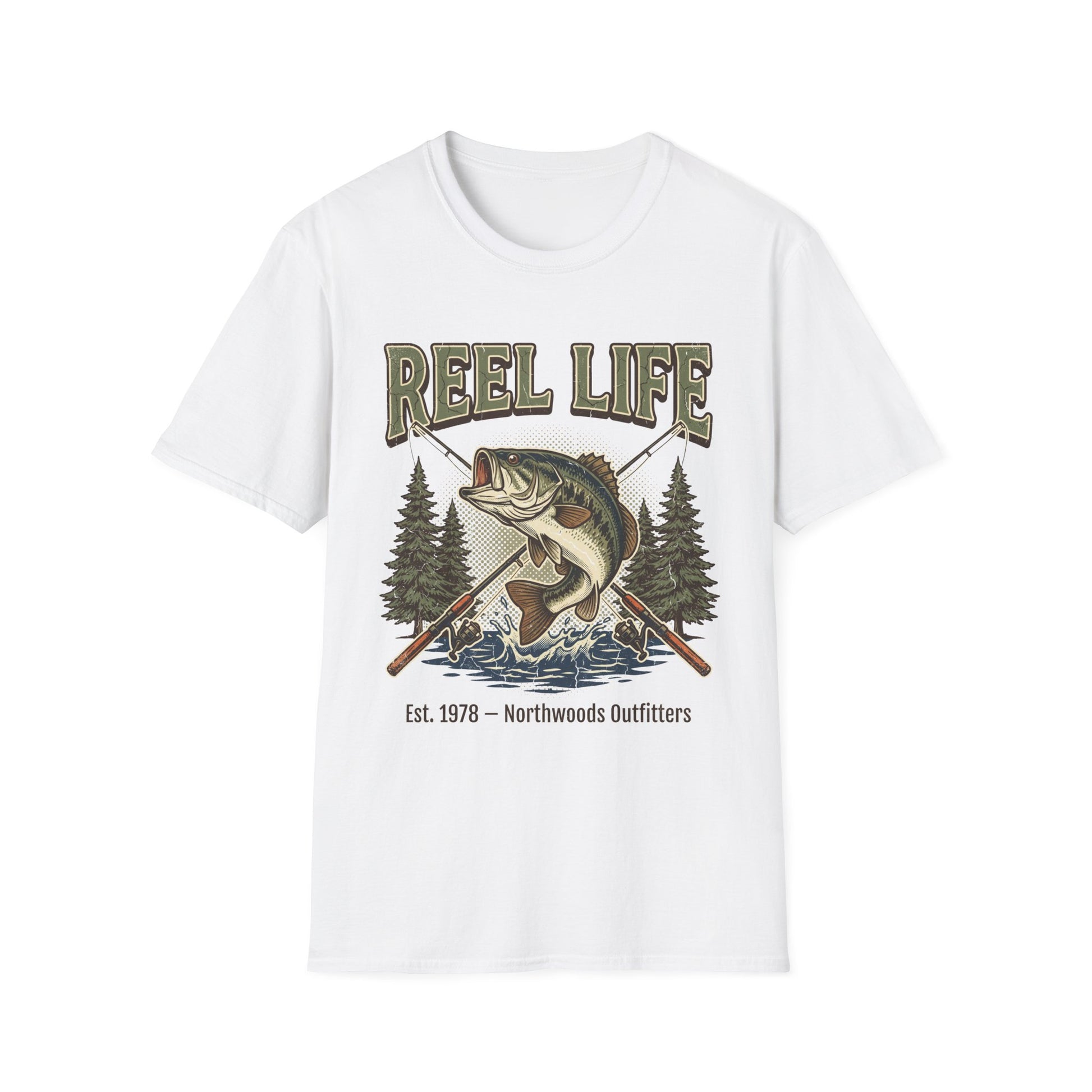 White t-shirt with 'Reel Life' graphic design featuring a fish and trees on a white background