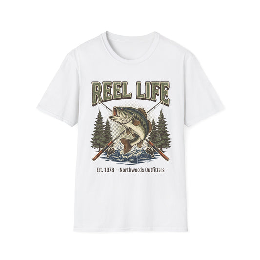 White t-shirt with 'Reel Life' graphic design featuring a fish and trees on a white background