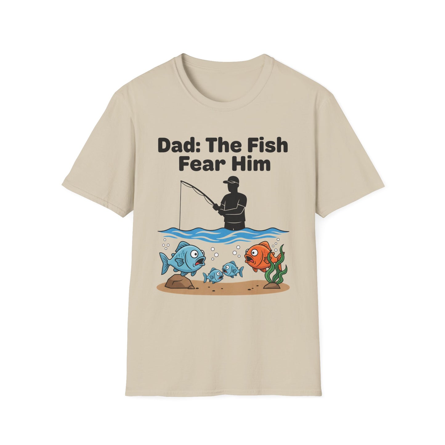 Dad: The Fish Fear Him Tee bass and hook illustration close-up