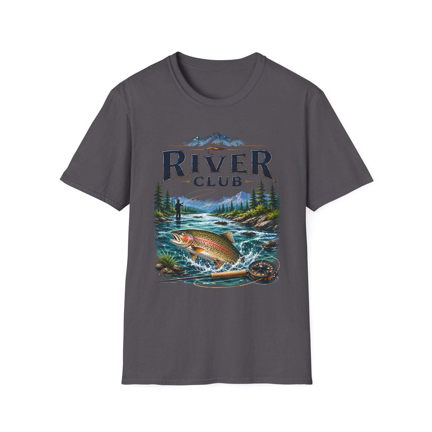River Club trout fishing t-shirt side view on model