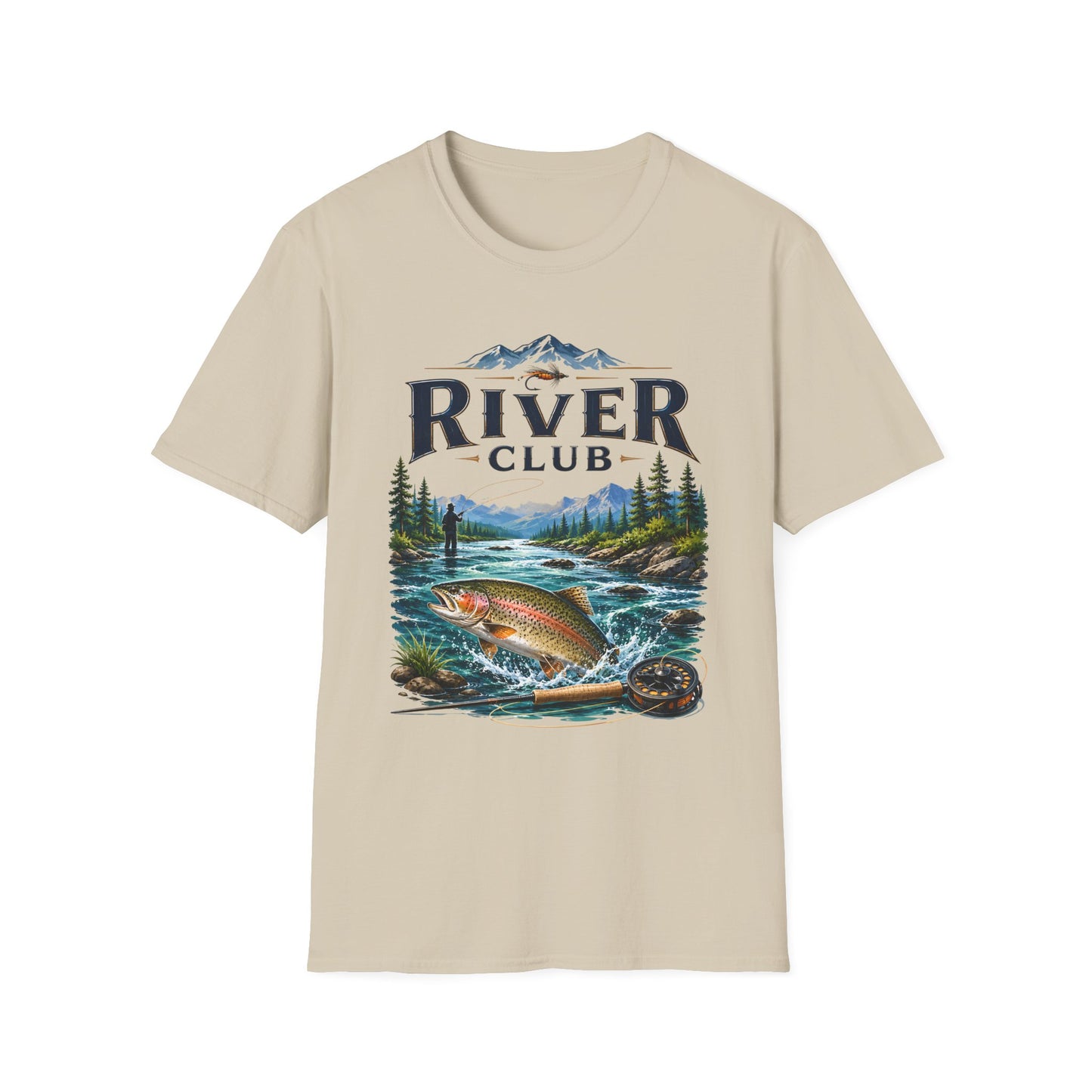 River Club trout fishing t-shirt chest print close-up