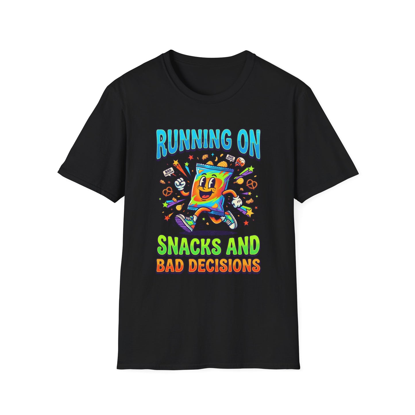 T-Shirt — "Running On Snacks and Bad Decisions" Retro Cartoon Snack Tee