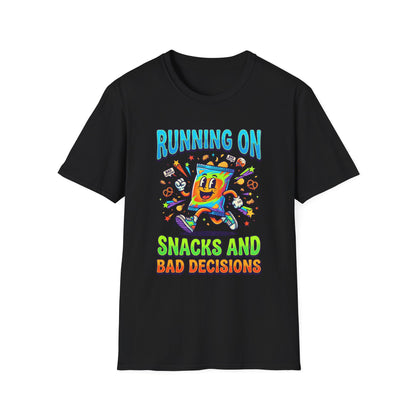 T-Shirt — "Running On Snacks and Bad Decisions" Retro Cartoon Snack Tee