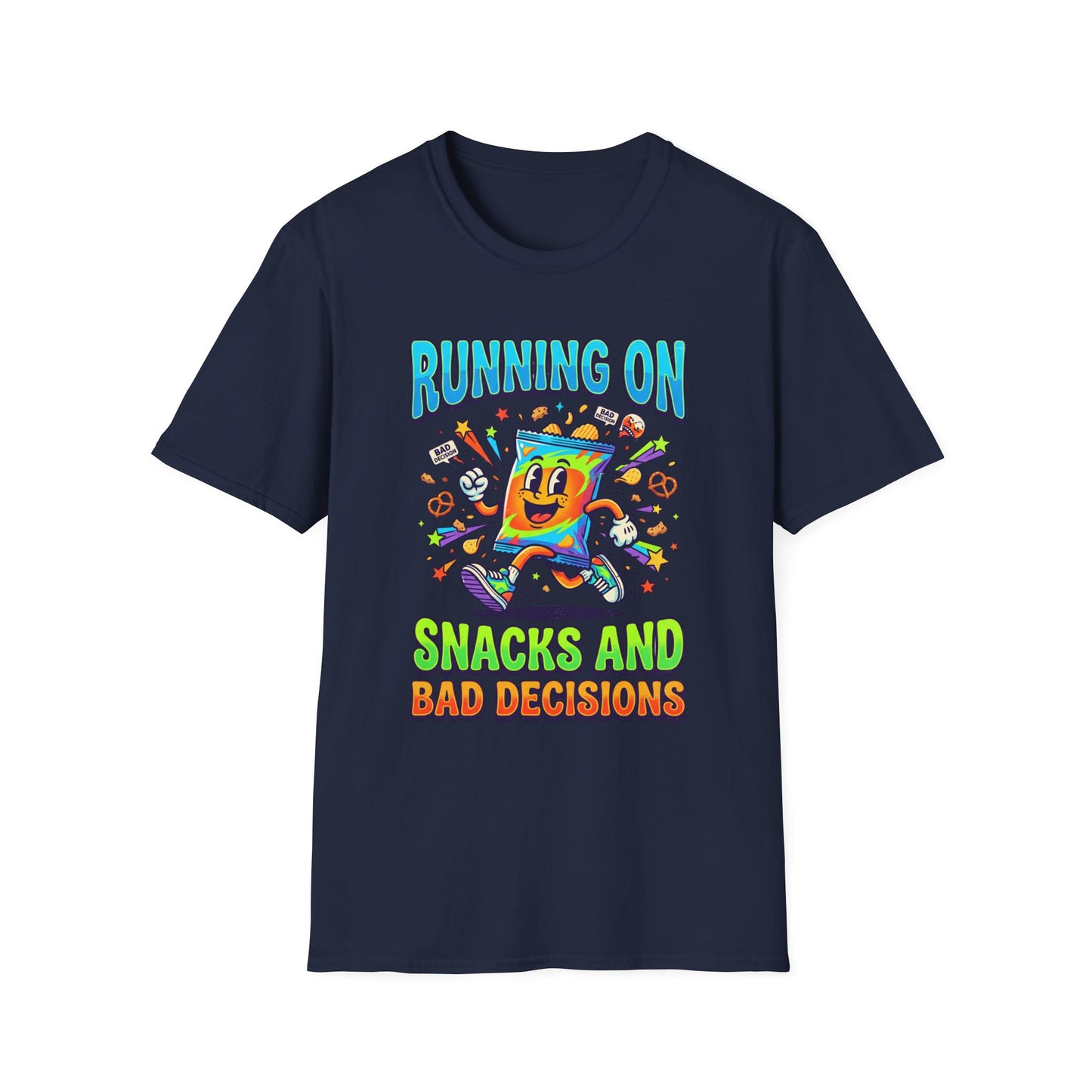 T-Shirt — "Running On Snacks and Bad Decisions" Retro Cartoon Snack Tee