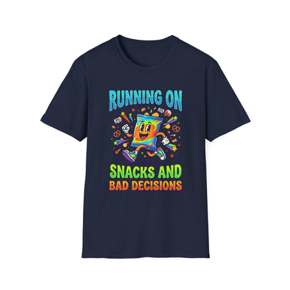 T-Shirt — "Running On Snacks and Bad Decisions" Retro Cartoon Snack Tee