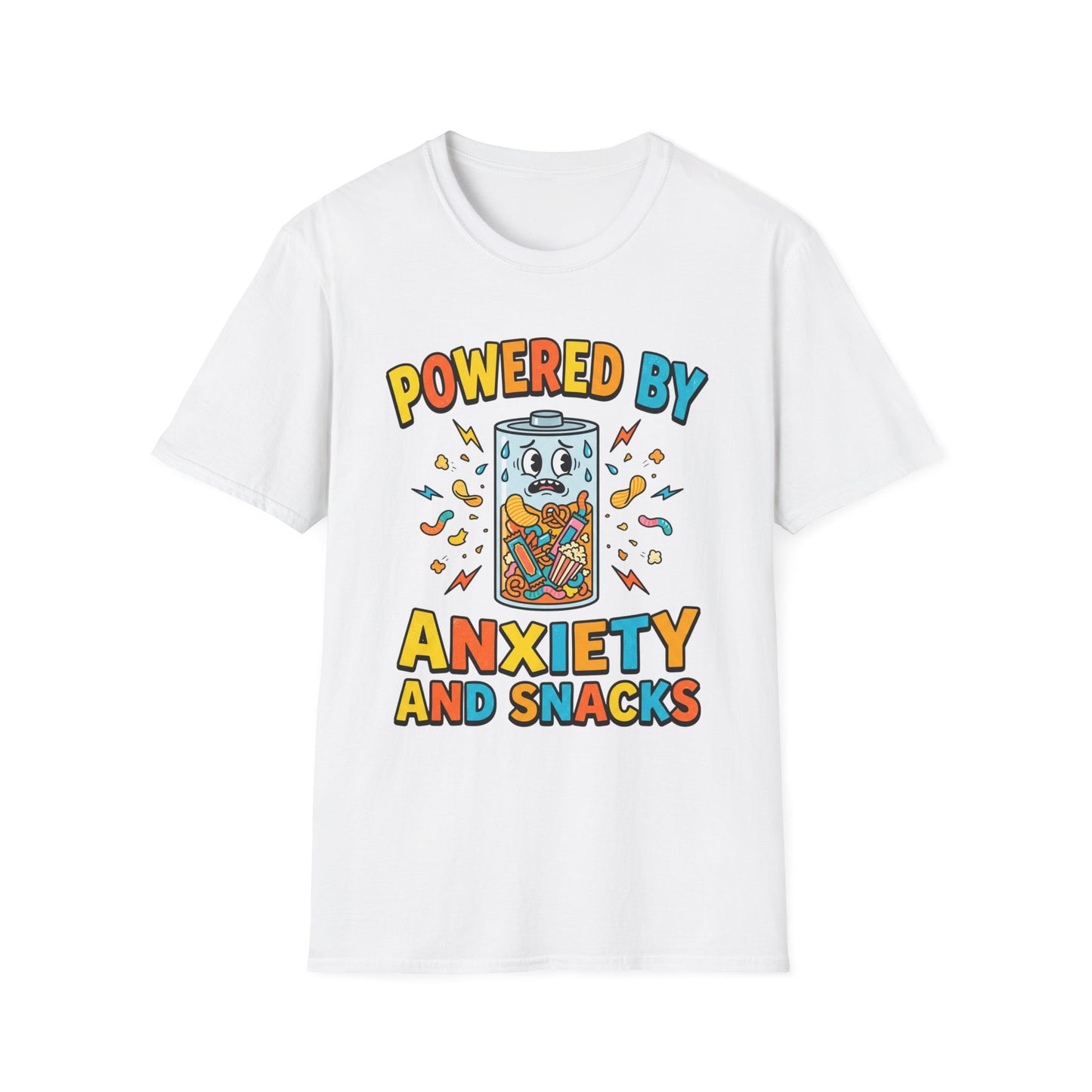 T‑Shirt — "Powered by Anxiety and Snacks" Funny Anxiety Snack Cartoon Tee