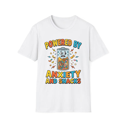 T‑Shirt — "Powered by Anxiety and Snacks" Funny Anxiety Snack Cartoon Tee