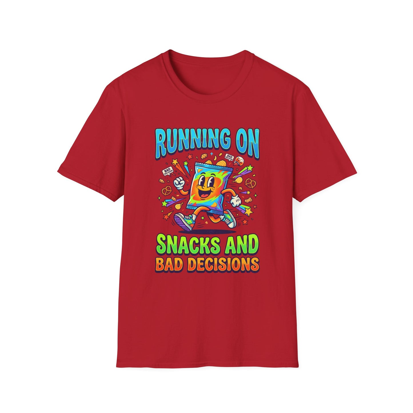 T-Shirt — "Running On Snacks and Bad Decisions" Retro Cartoon Snack Tee