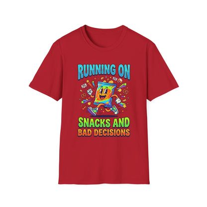 T-Shirt — "Running On Snacks and Bad Decisions" Retro Cartoon Snack Tee