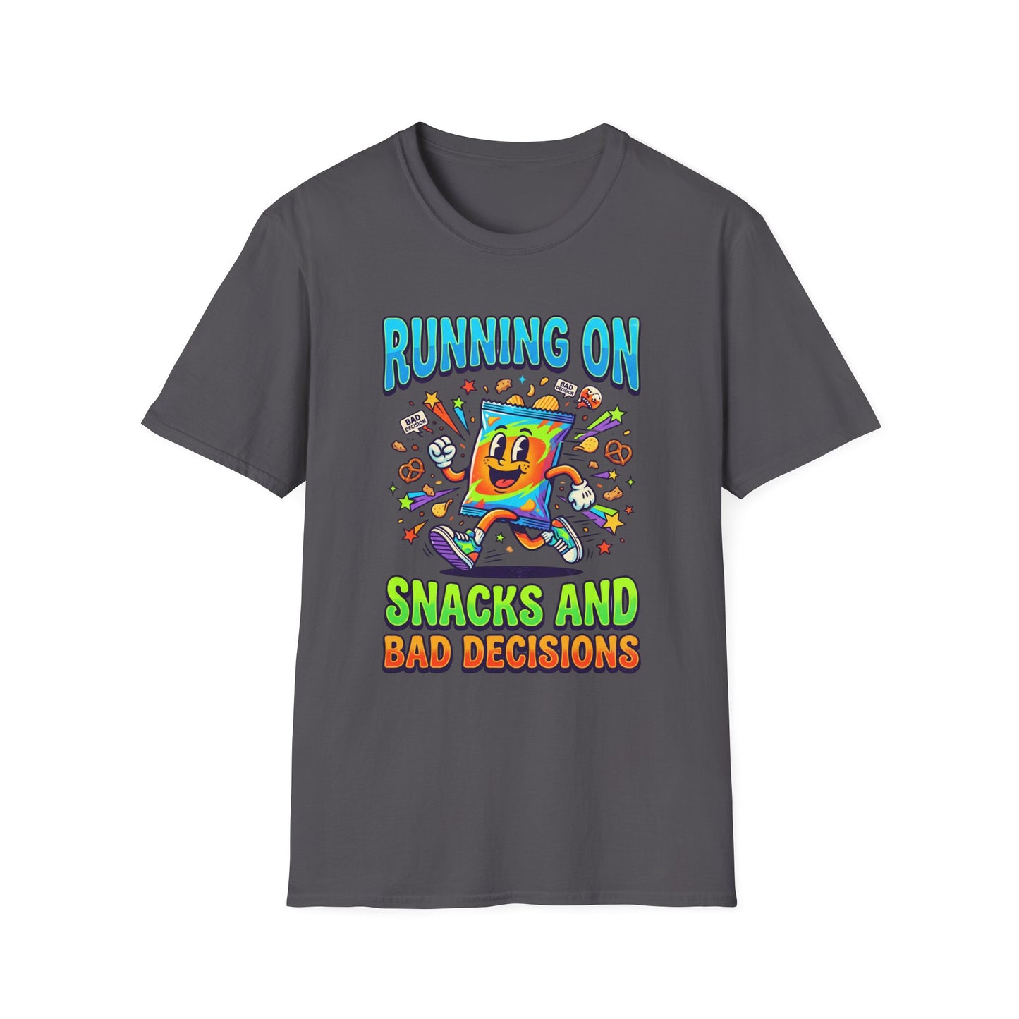 T-Shirt — "Running On Snacks and Bad Decisions" Retro Cartoon Snack Tee
