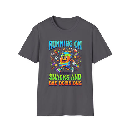 T-Shirt — "Running On Snacks and Bad Decisions" Retro Cartoon Snack Tee