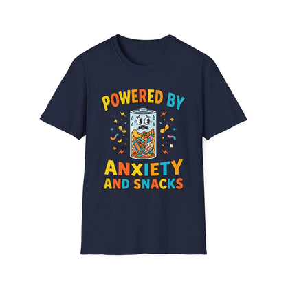 T‑Shirt — "Powered by Anxiety and Snacks" Funny Anxiety Snack Cartoon Tee