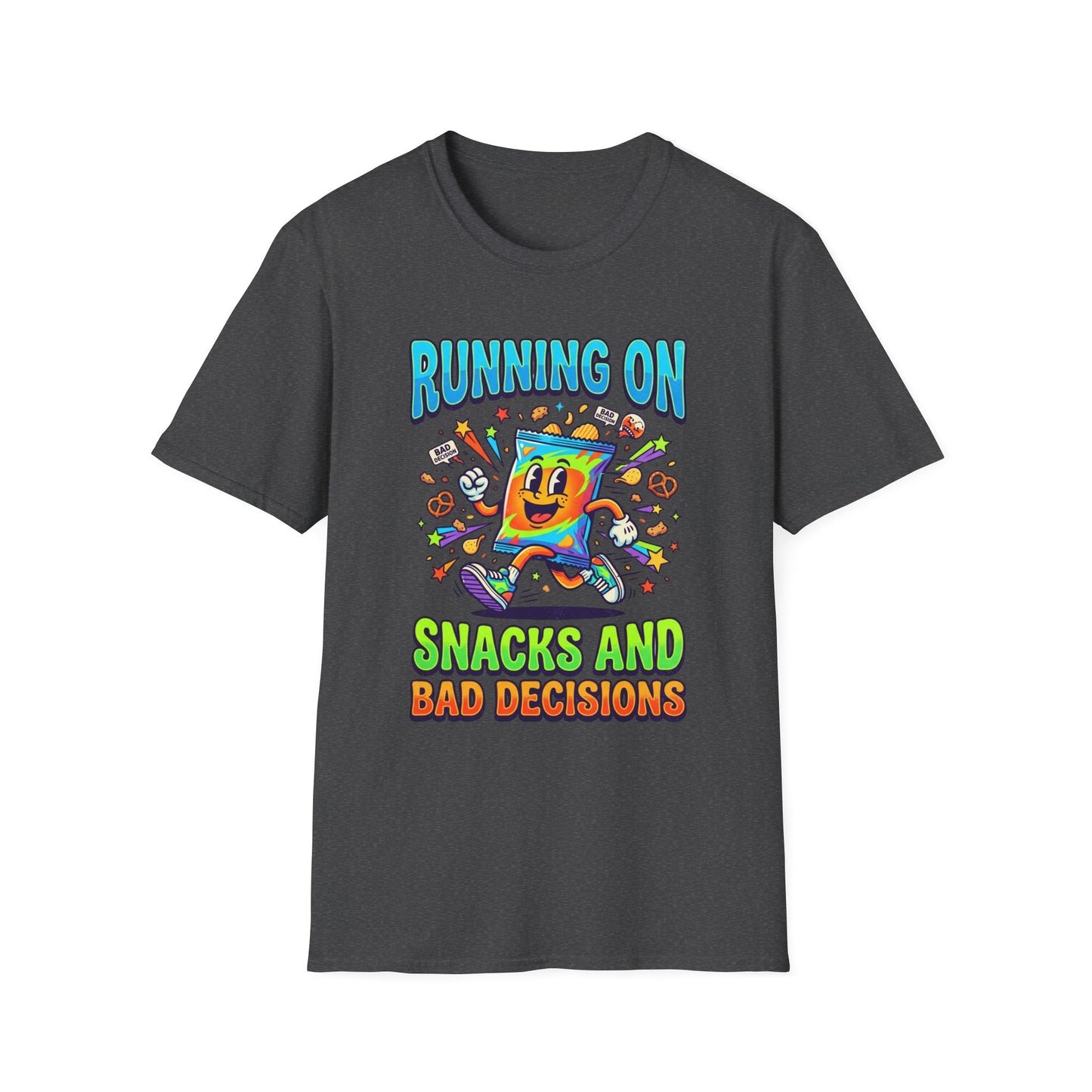 T-Shirt — "Running On Snacks and Bad Decisions" Retro Cartoon Snack Tee