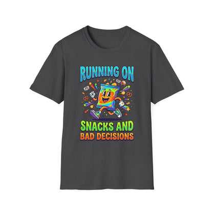T-Shirt — "Running On Snacks and Bad Decisions" Retro Cartoon Snack Tee