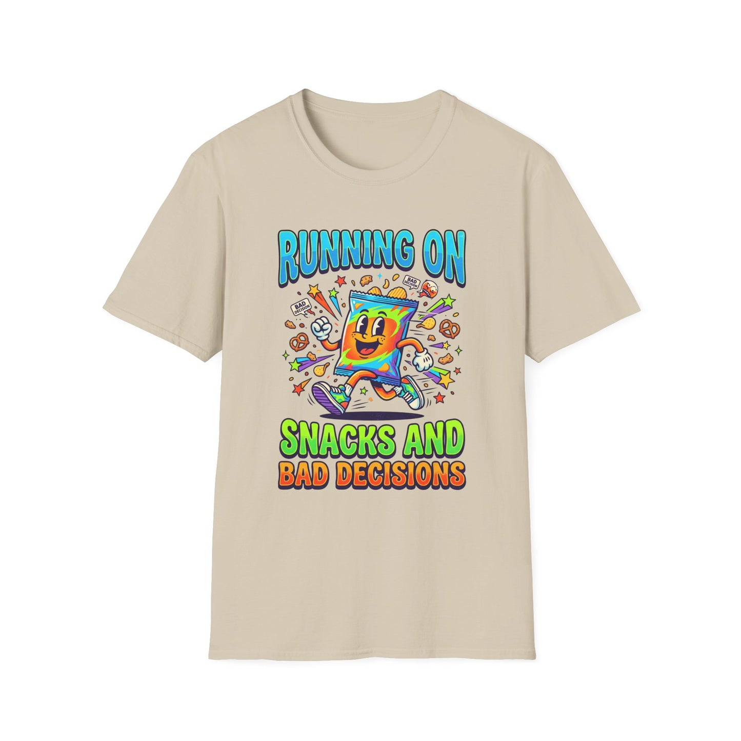 T-Shirt — "Running On Snacks and Bad Decisions" Retro Cartoon Snack Tee