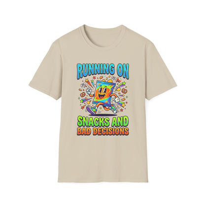 T-Shirt — "Running On Snacks and Bad Decisions" Retro Cartoon Snack Tee
