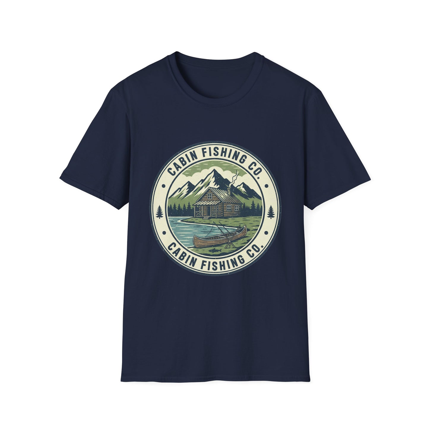 Cabin Fishing Co. Tee cabin and lake fishing graphic t-shirt fabric texture close-up
