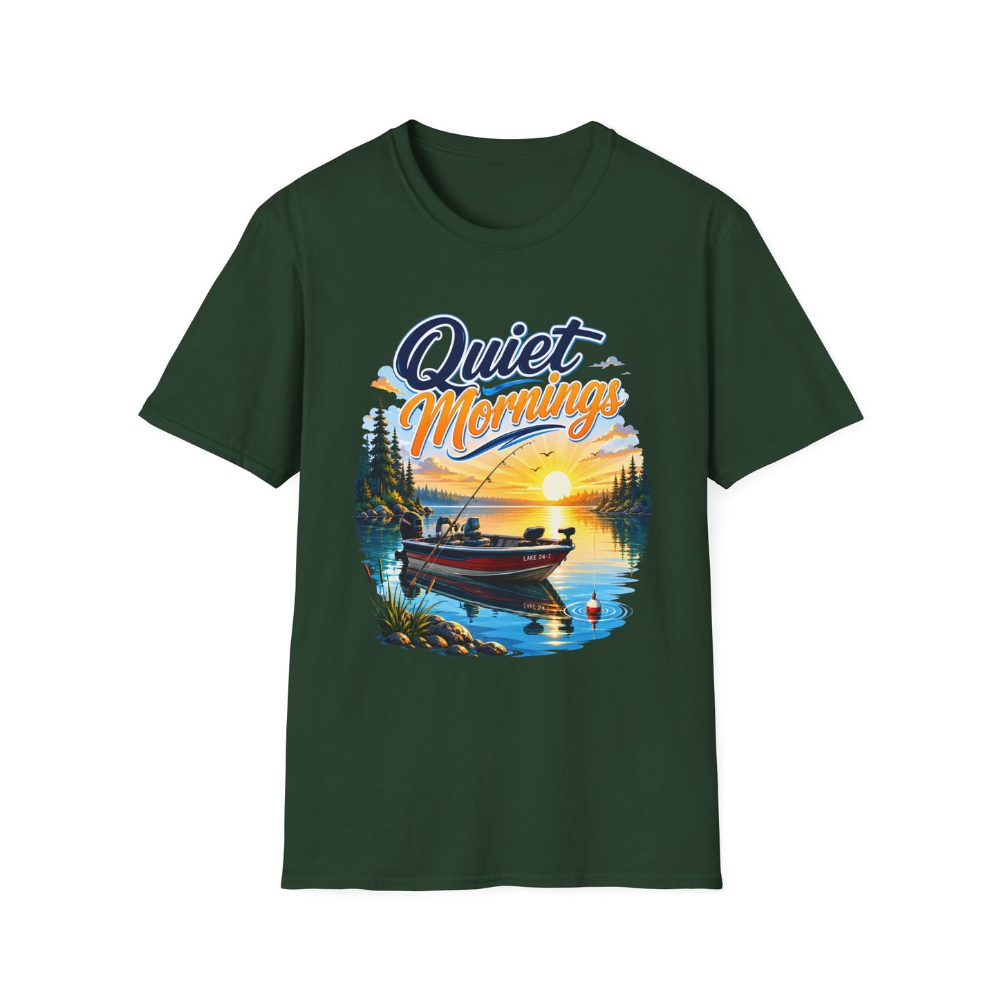 Quiet Mornings fishing t-shirt packaging and folded shirt