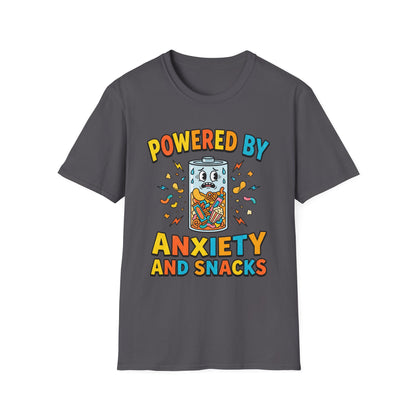 T‑Shirt — "Powered by Anxiety and Snacks" Funny Anxiety Snack Cartoon Tee