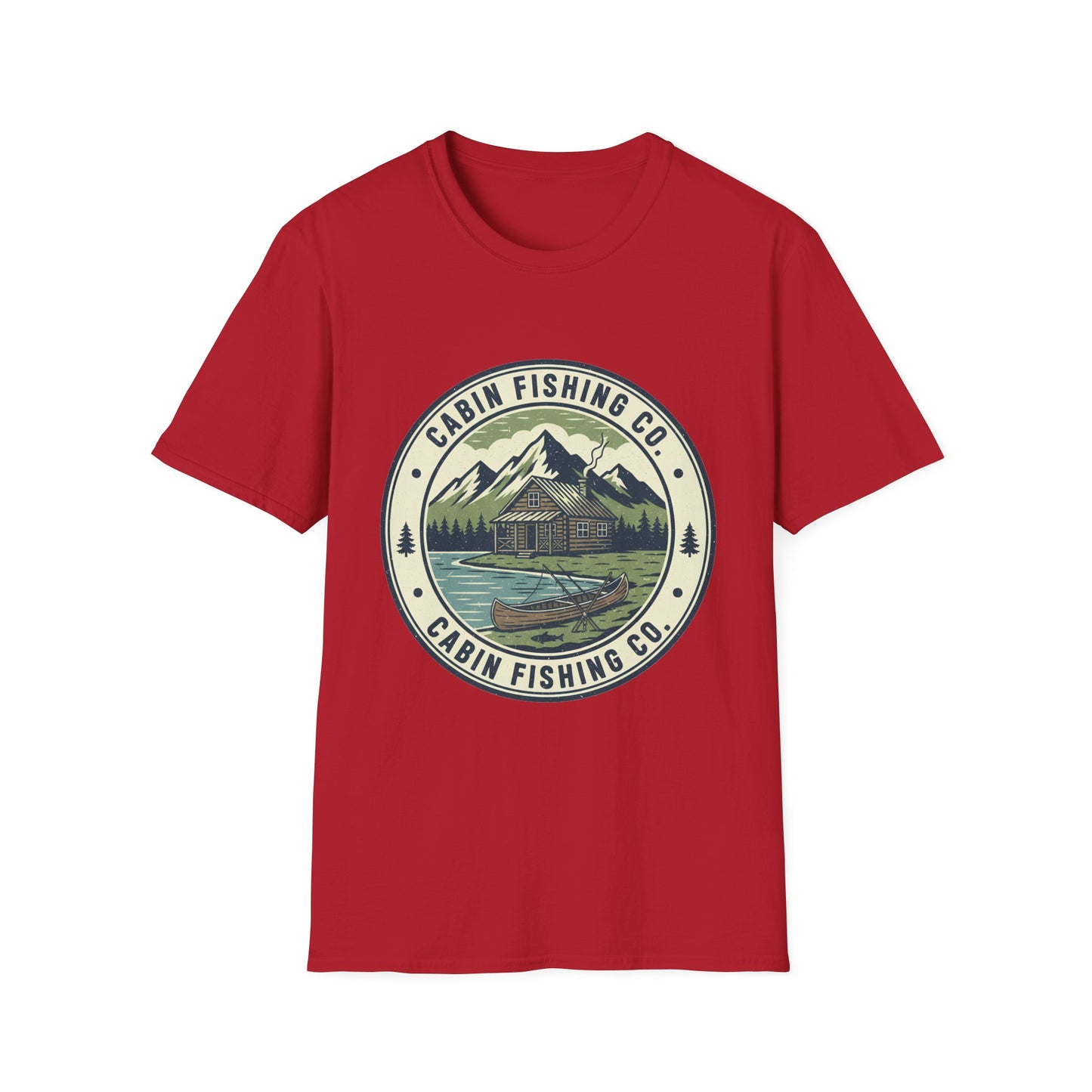 Cabin Fishing Co. Tee cabin and lake fishing graphic t-shirt folded shirt and packaging
