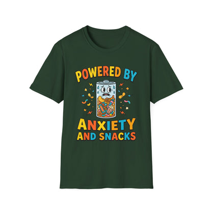 T‑Shirt — "Powered by Anxiety and Snacks" Funny Anxiety Snack Cartoon Tee
