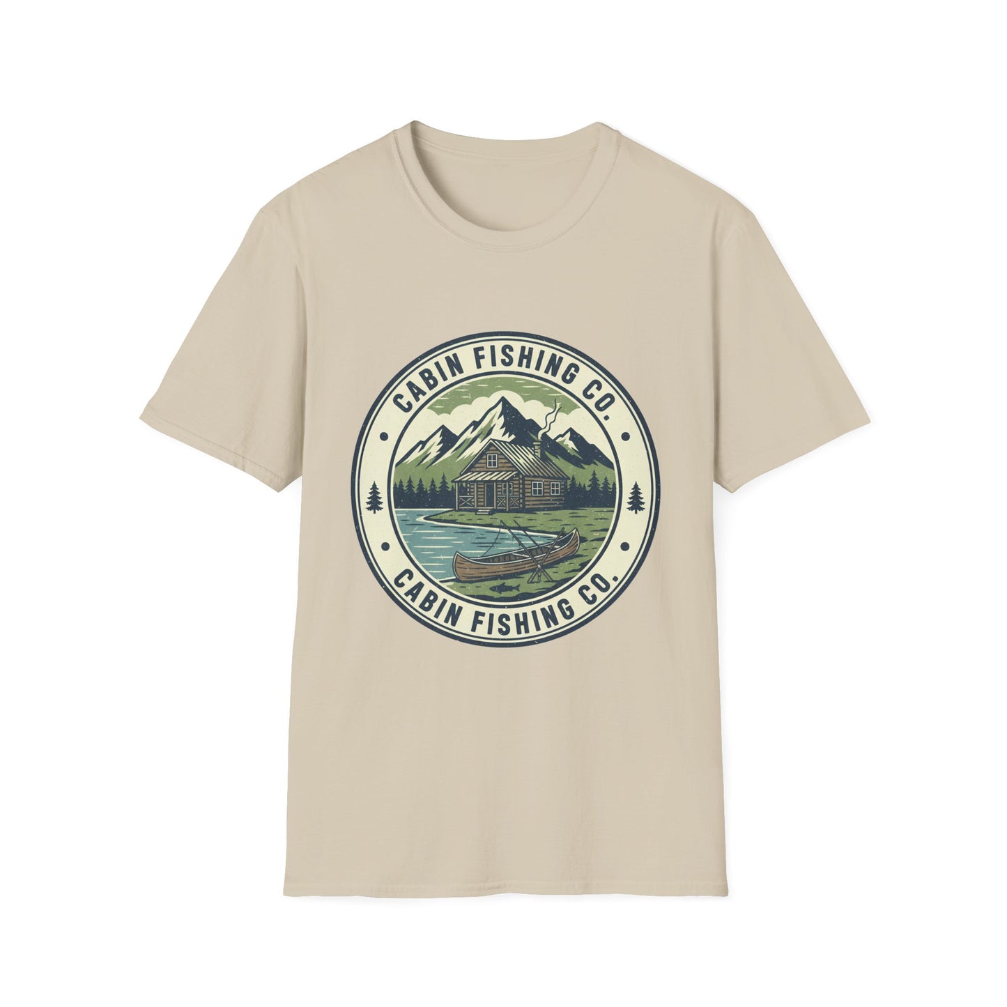 Cabin Fishing Co. Tee cabin and lake fishing graphic t-shirt chest print close-up