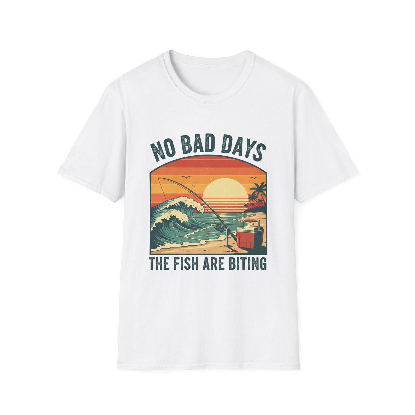 No Bad Days Tee retro sunset fishing scene chest print front view
