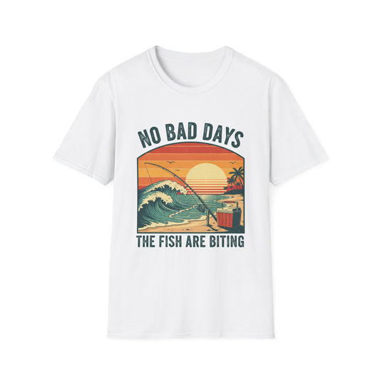 No Bad Days Tee retro sunset fishing scene chest print front view