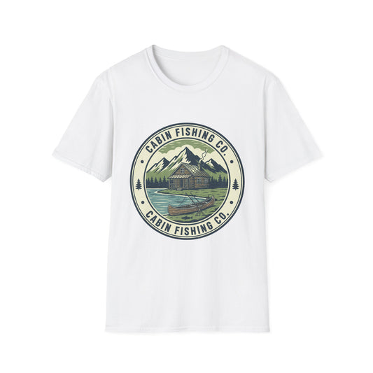 Cabin Fishing Co. Tee cabin and lake fishing graphic t-shirt front view