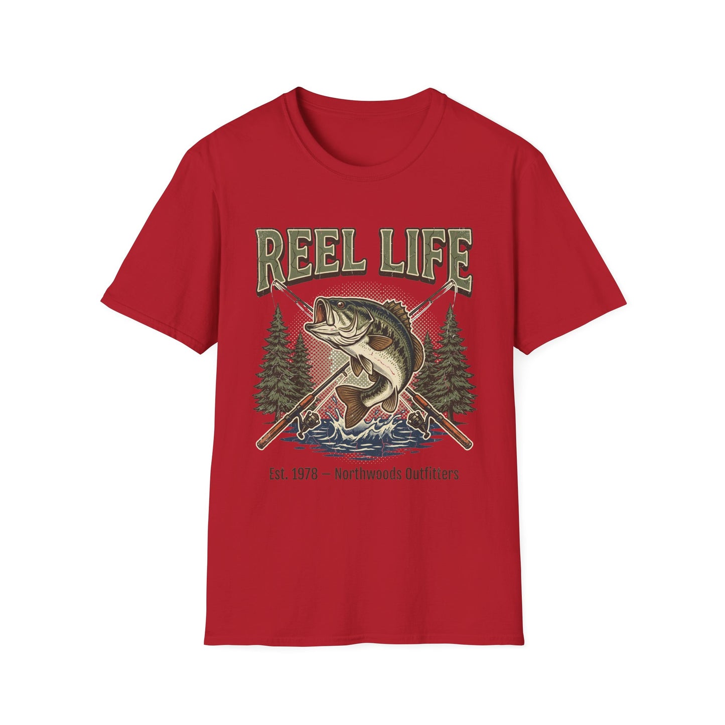 Red t-shirt with 'Reel Life' graphic design featuring a fish and fishing rod on a white background.
