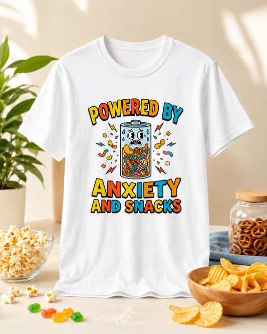 T‑Shirt — "Powered by Anxiety and Snacks" Funny Anxiety Snack Cartoon Tee
