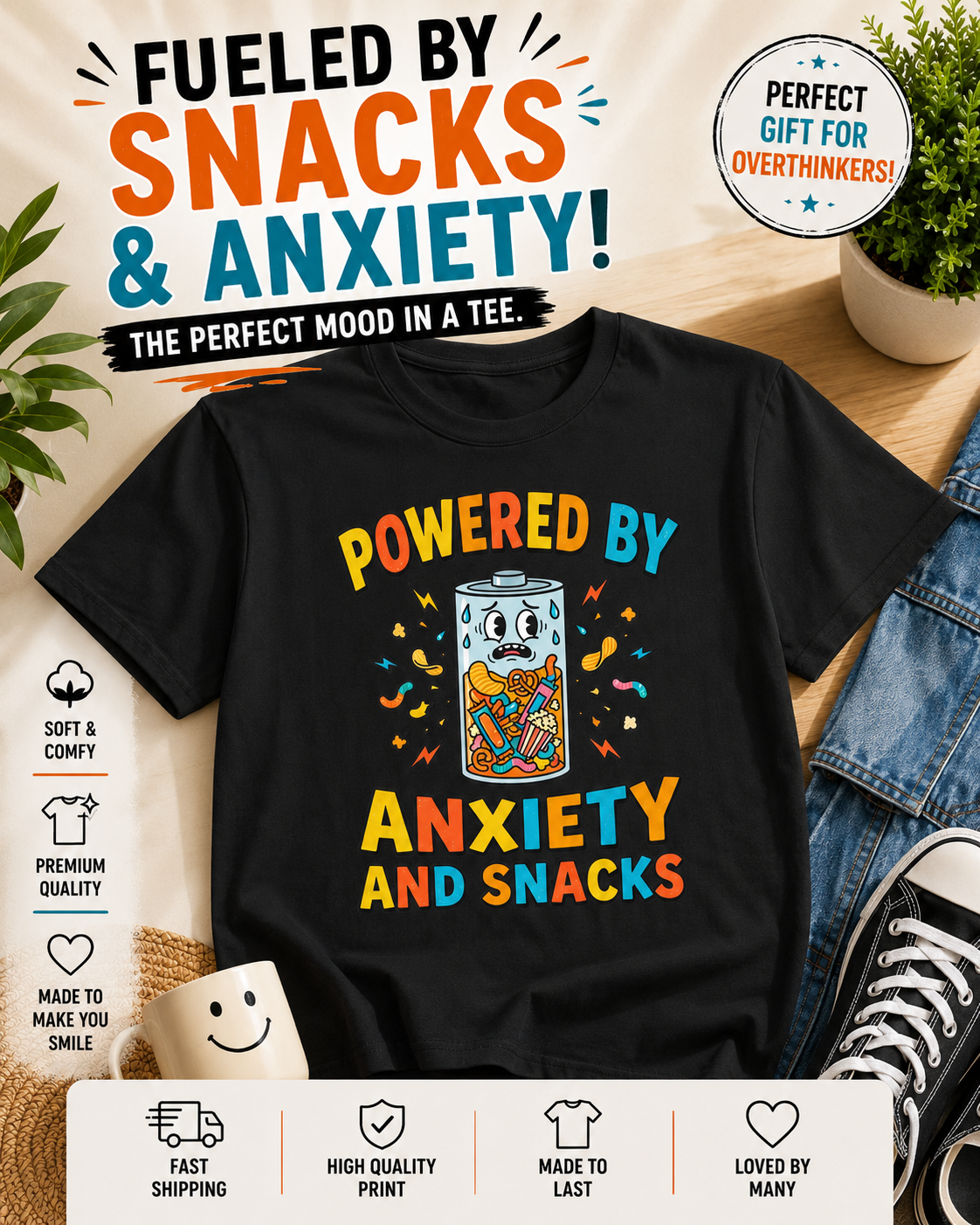T‑Shirt — "Powered by Anxiety and Snacks" Funny Anxiety Snack Cartoon Tee