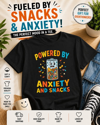 T‑Shirt — "Powered by Anxiety and Snacks" Funny Anxiety Snack Cartoon Tee