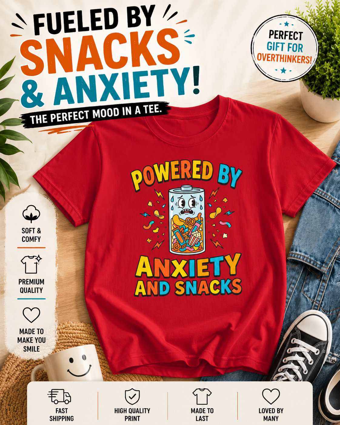 T‑Shirt — "Powered by Anxiety and Snacks" Funny Anxiety Snack Cartoon Tee