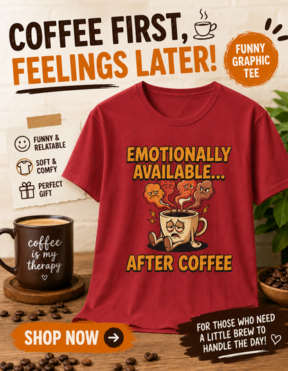 Coffee T‑Shirt — "Emotionally Available... After Coffee" Funny Coffee Lover Tee