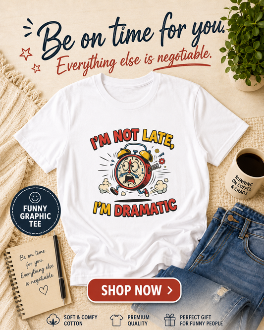 I'm Not Late, I'm Dramatic T-Shirt — Funny Alarm Clock Graphic Tee