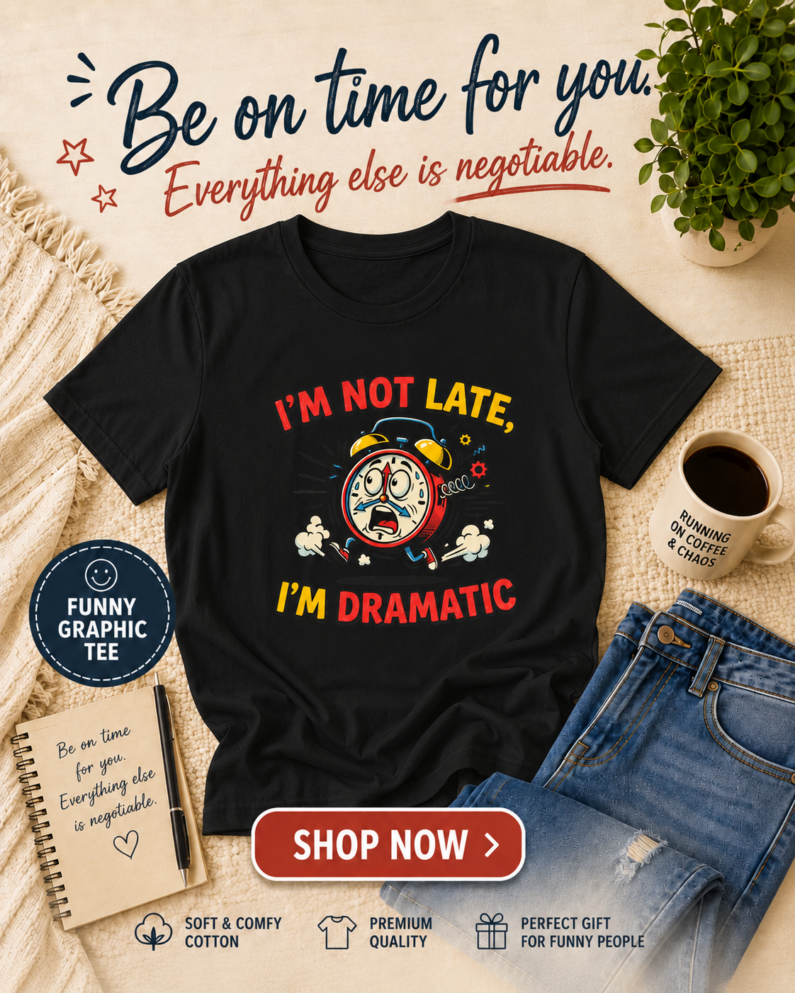 I'm Not Late, I'm Dramatic T-Shirt — Funny Alarm Clock Graphic Tee
