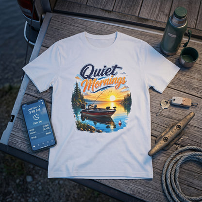 Quiet Mornings Fishing T-Shirt 
 Sunrise Lake Boat Graphic Tee